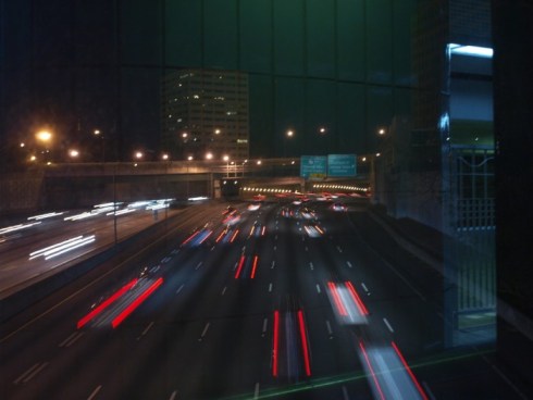 Southbound traffic on I75/85 passes under Civic Center Station